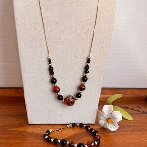 VTG Cloisonné Enamel Bead Necklace Bracelet Set Red Black Gold 80s